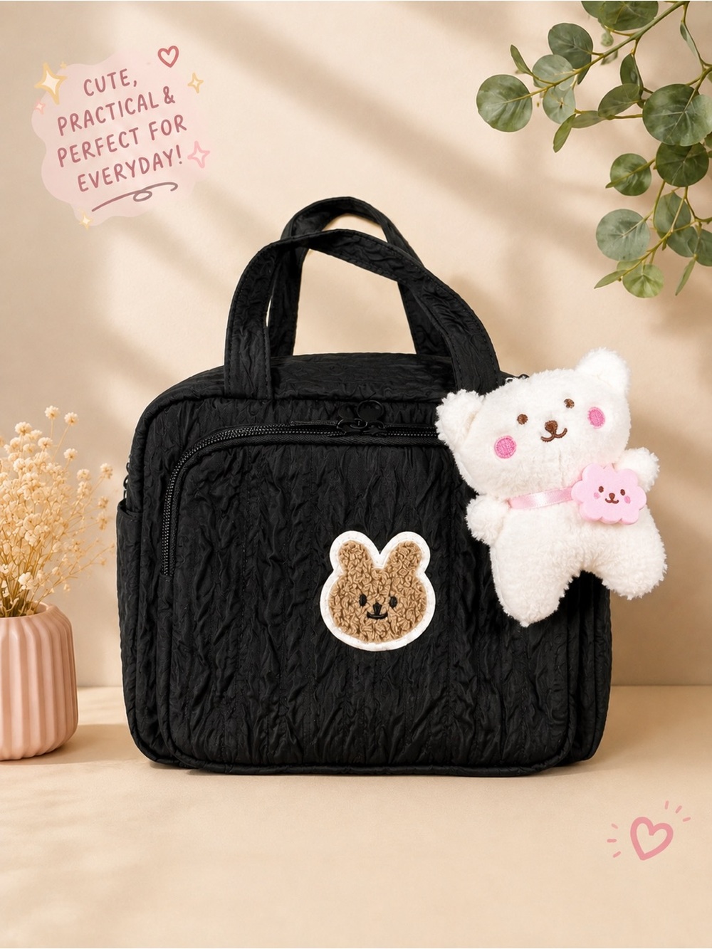 Black Quilted Mini Diaper Bag with Plush Charm